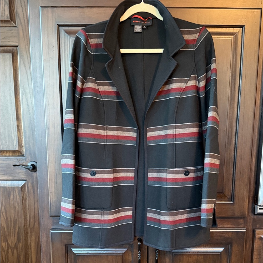 Elegant Striped Blazer in Black and Red by Nina Mclemore